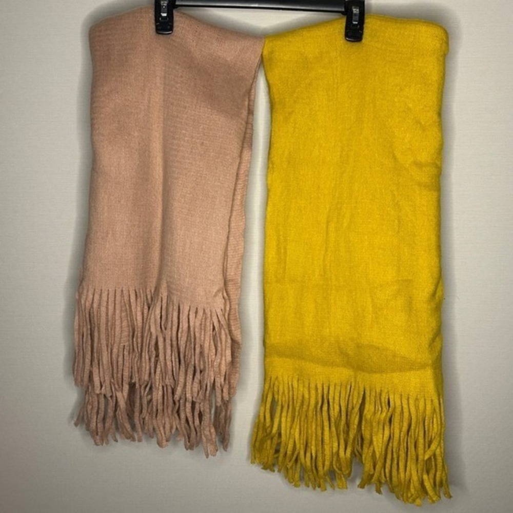 BUNDLE of 2 Womens Acrylic Scarves Yellow Pink Fringe Cozy Winter Warm Fashion
